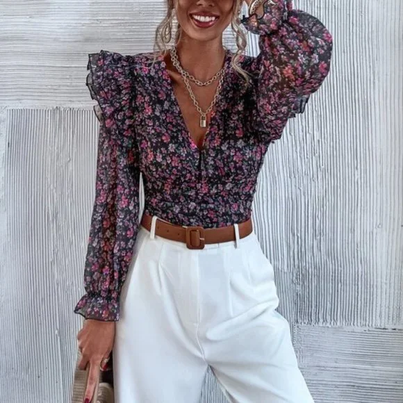 Contemporary floral ruffle detailed blouse top - Picture 4 of 10